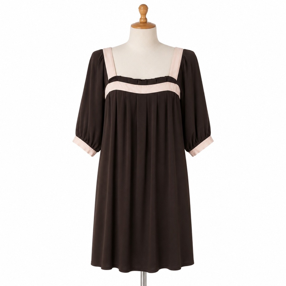 BCBG Paris Women S Brown Mini Dress Puff Sleeve Square Neck Pleated Empire Waist